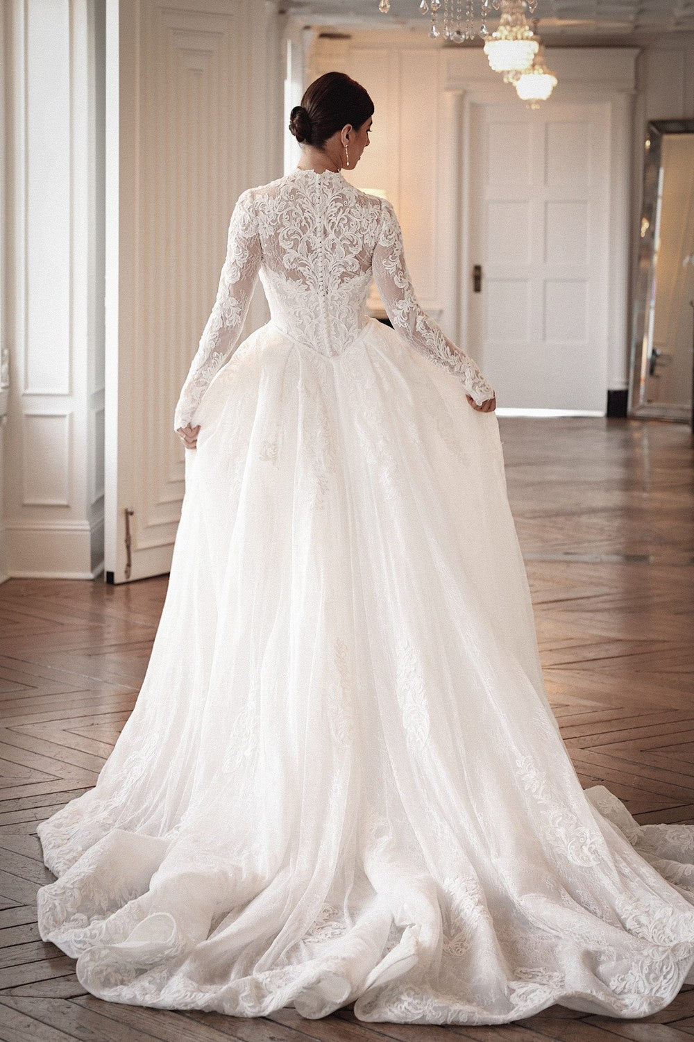 High-Neck Long Sleeve Lace Fit-And-Flare Wedding Dress With Detachable Overskirt | Kleinfeld Bridal High-Neck Long Sleeve Lace Fit-And-Flare Wedding Dress With Detachable Overskirt | Kleinfeld Bridal