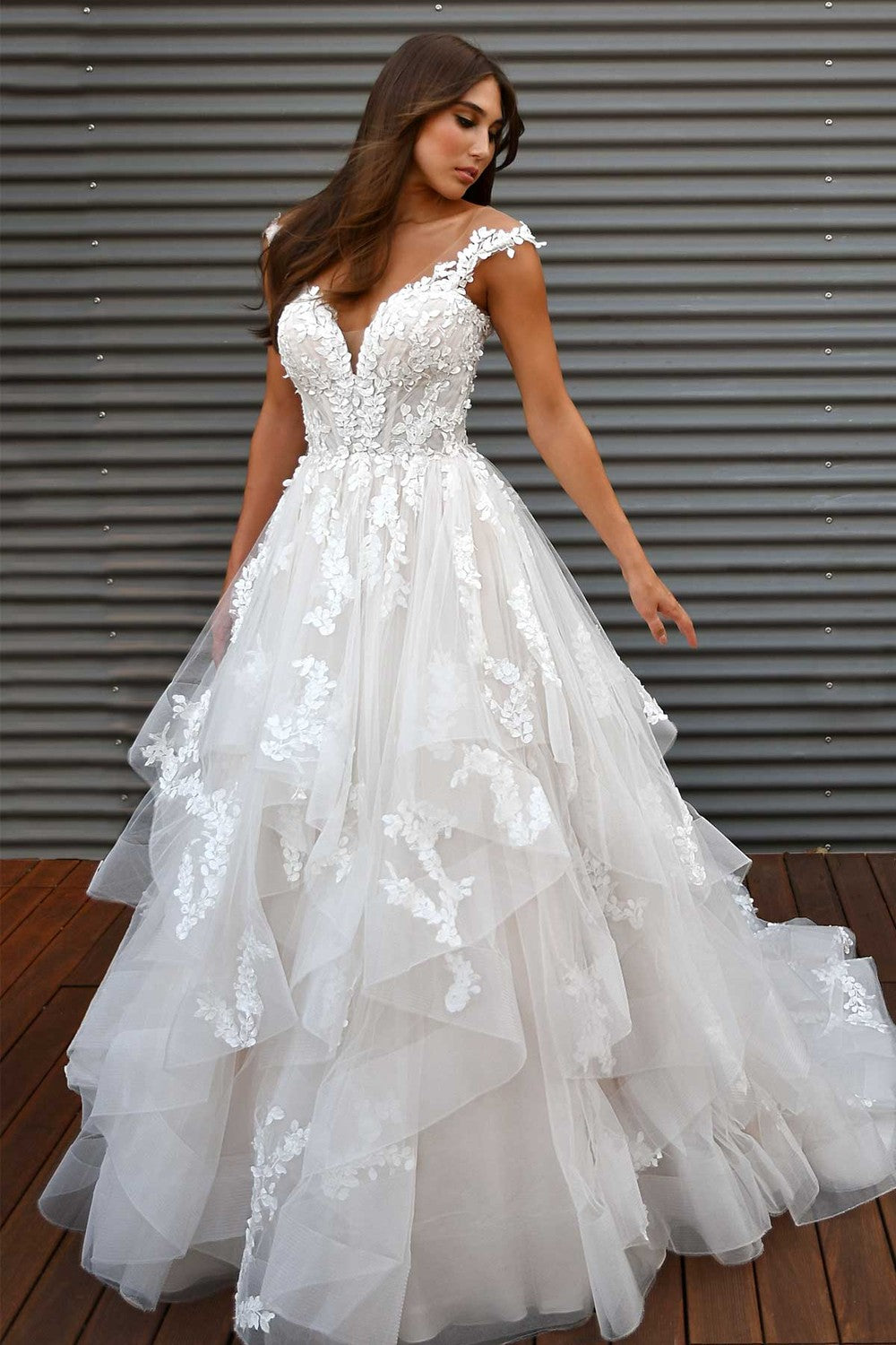 Plus-Size Lace Ball Gown Wedding Dress With Layered Skirt by Martina Liana — image 1 of 2