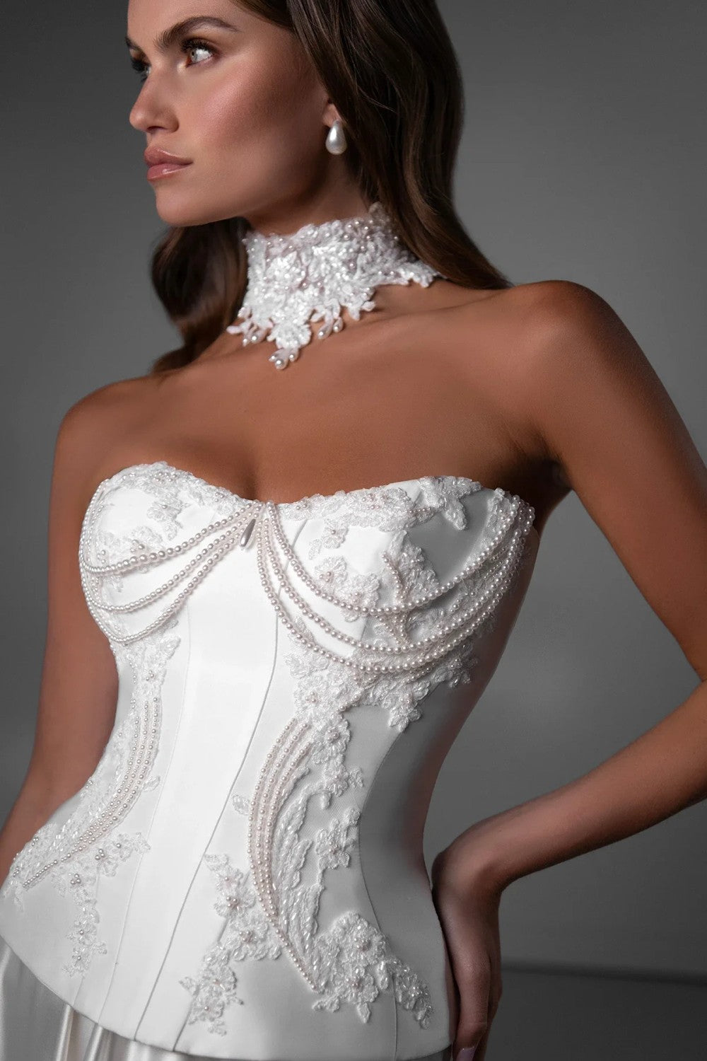 Beaded Pearl‑Draped A‑Line Gown In Silk Satin by Martina Liana Luxe — image 2 of 4