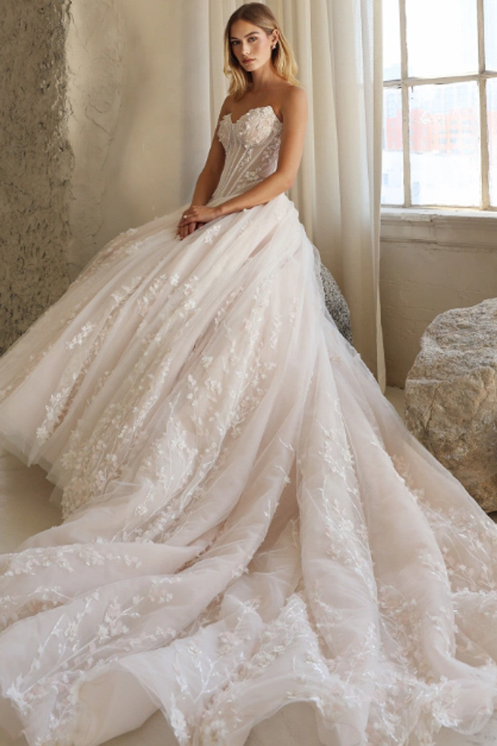 Dramatic Basque-Waist Pearl And Floral Ball Gown by Martina Liana Luxe — image 1 of 2