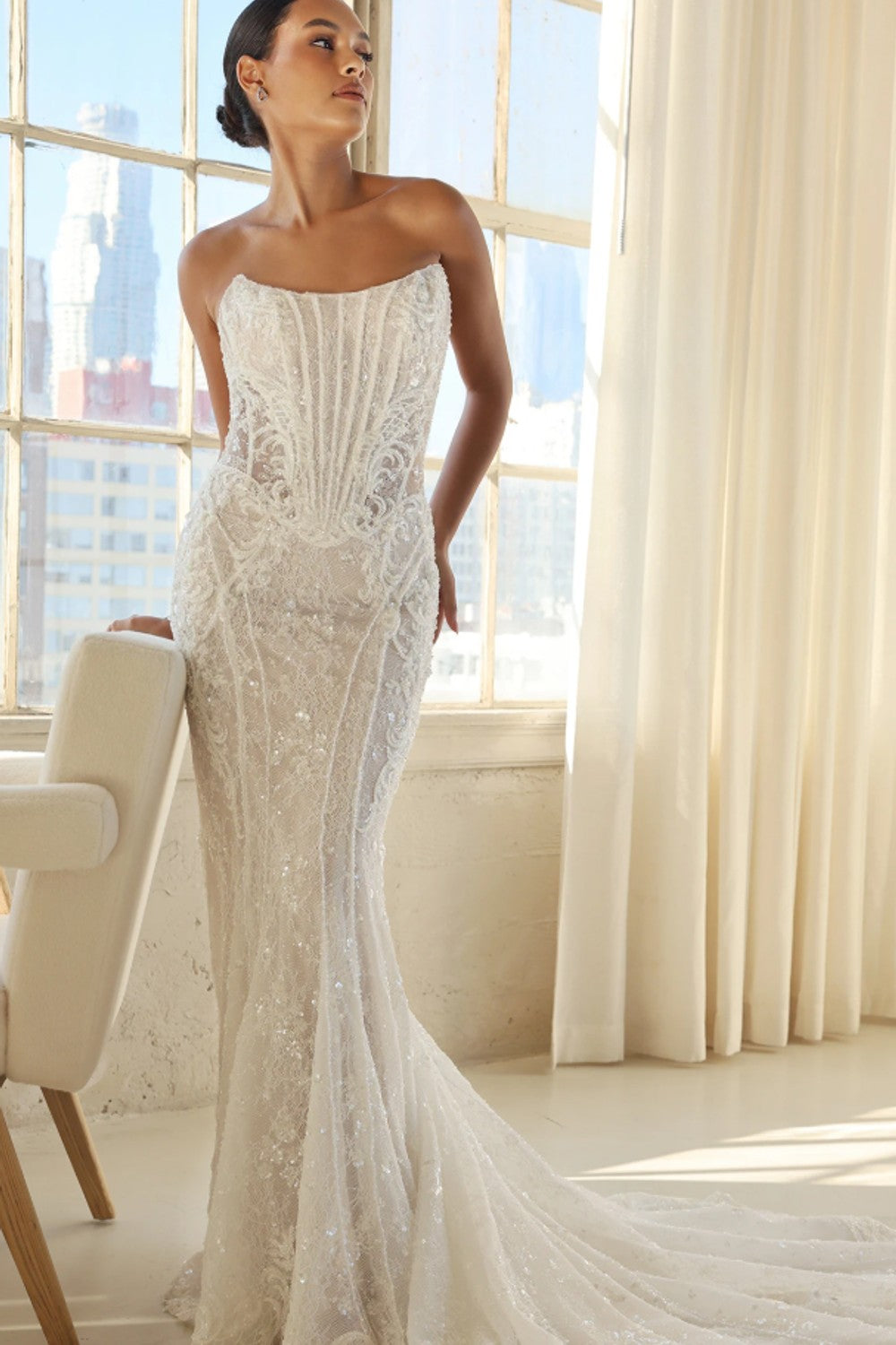 Embellished Chantilly Lace Fit-and-Flare Wedding Dress With Buttons by Martina Liana Luxe — image 1 of 2