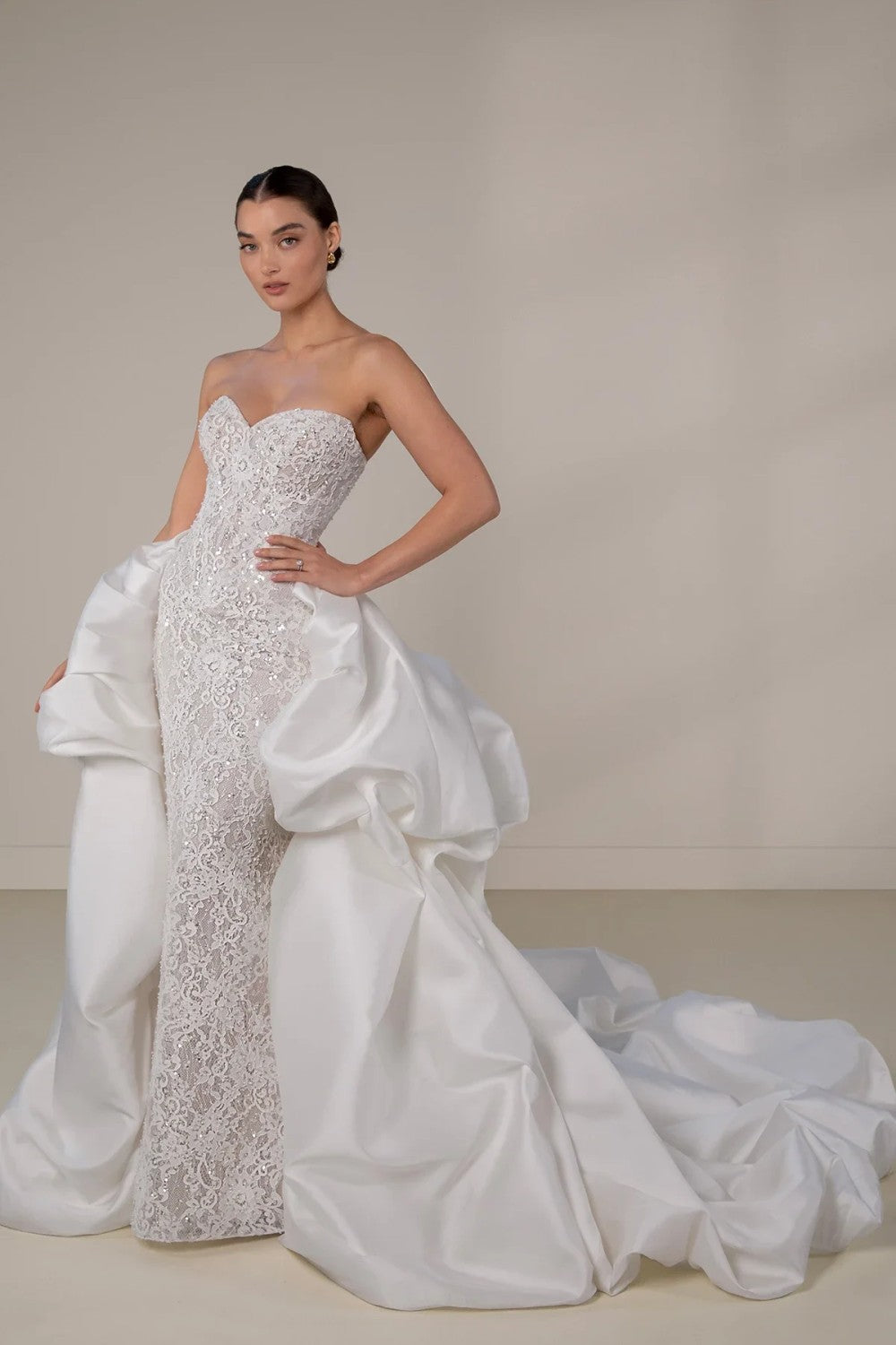 Embellished Lace Sheath Wedding Dress With Detachable Shawl And Overskirt