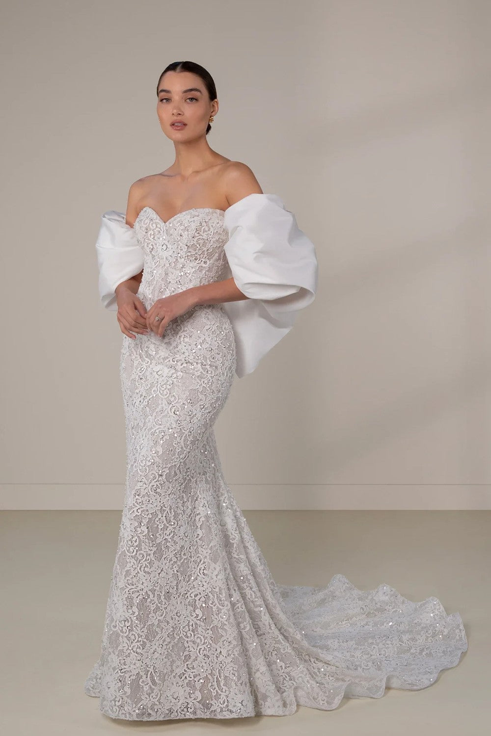 Embellished Lace Sheath Wedding Dress With Detachable Shawl And Overskirt |  Kleinfeld Bridal