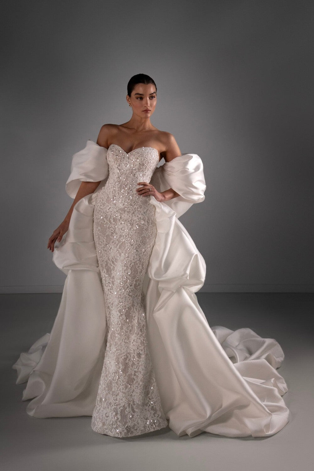 Embellished Lace Sheath Wedding Dress With Detachable Shawl And Overskirt