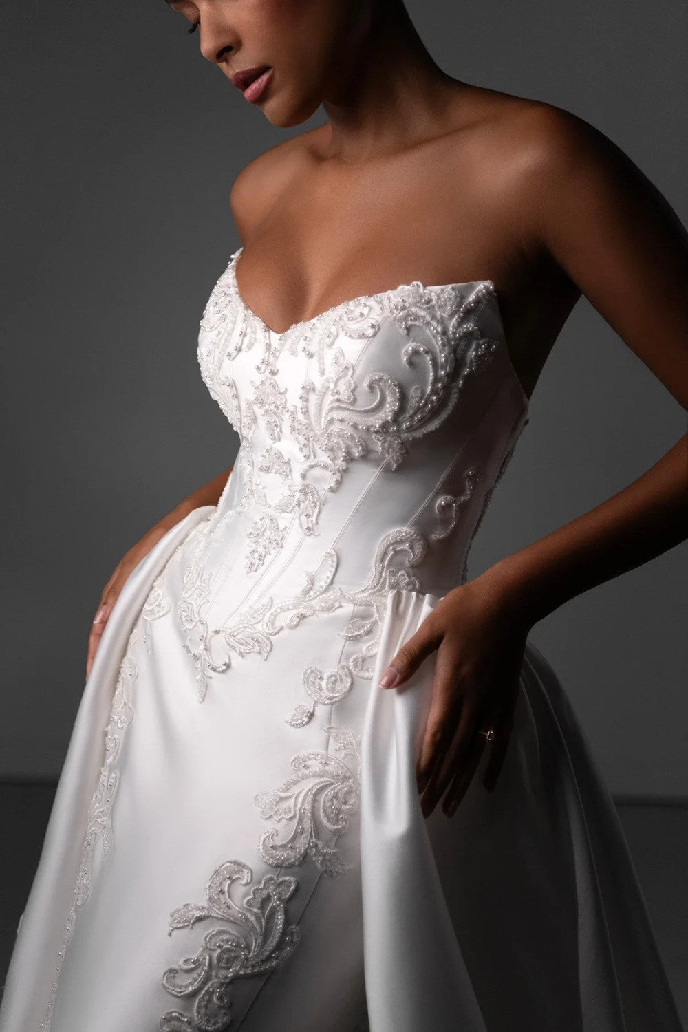 Regal And Dramatic Embellished Lace Fit-And-Flare Wedding Dress With Overskirt by Martina Liana Luxe — image 2 of 4