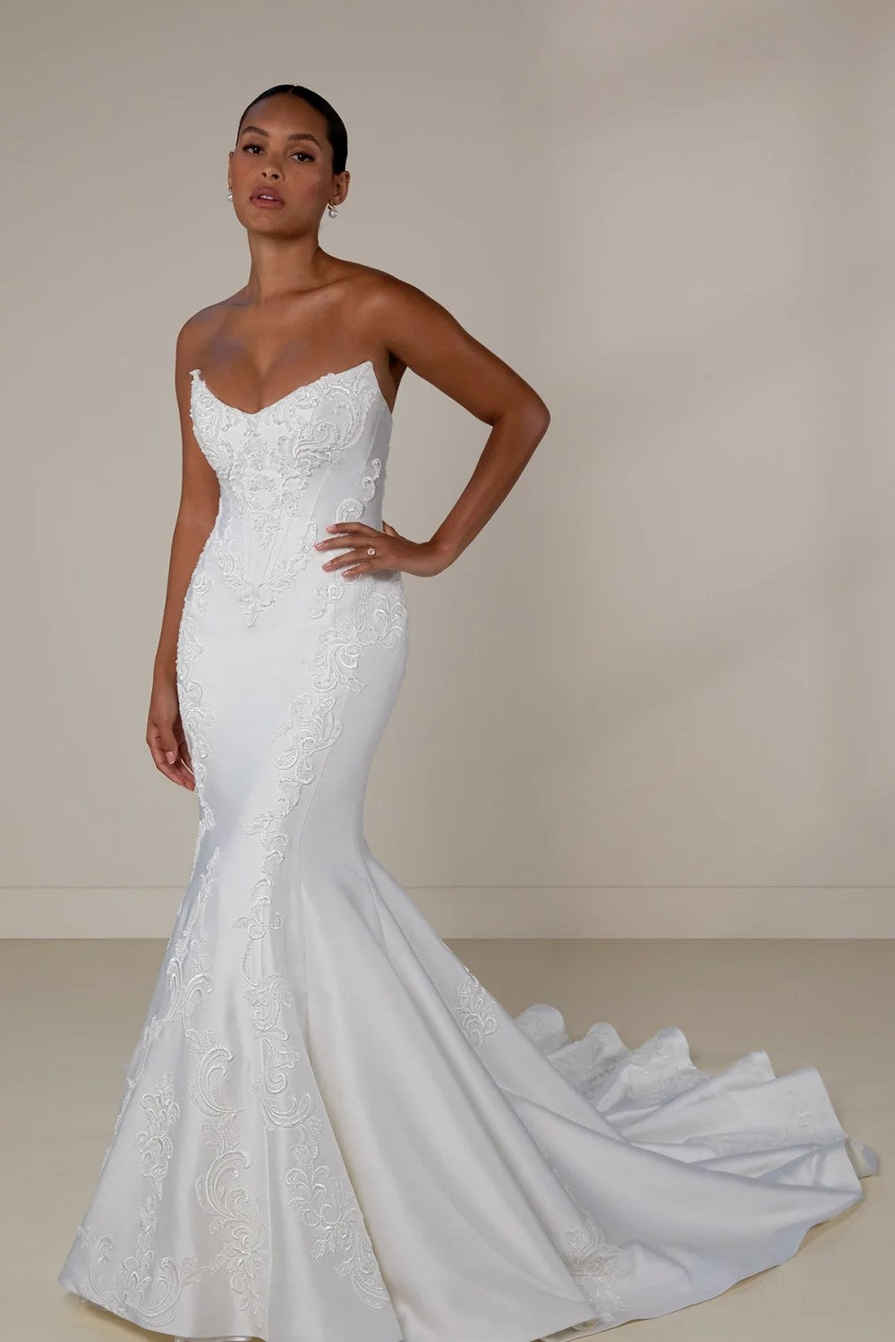 Regal And Dramatic Embellished Lace Fit-And-Flare Wedding Dress With  Overskirt