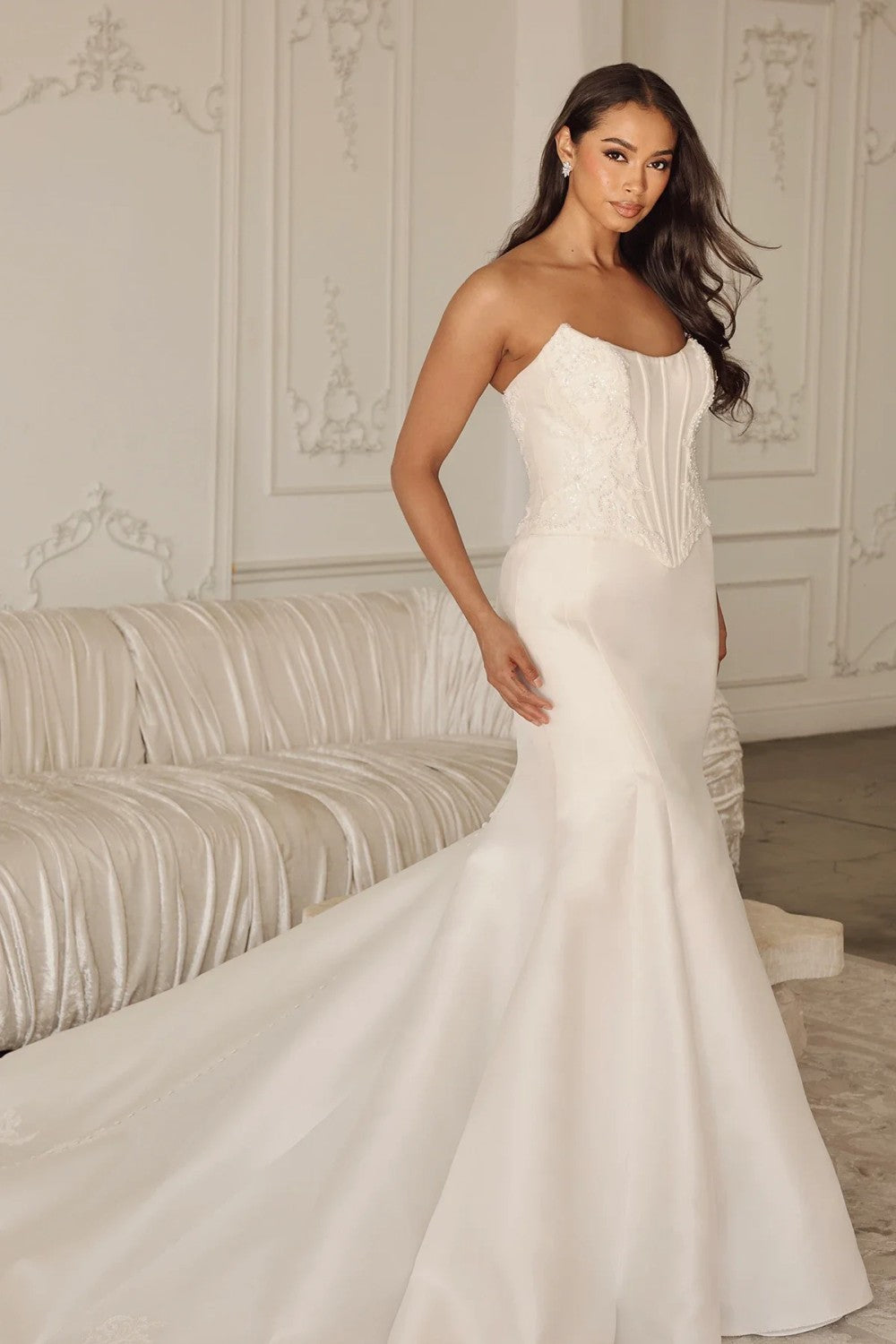 Modern Silk Basque-Waist Fit-And-Flare Wedding Dress With Buttons by Martina Liana — image 1 of 3