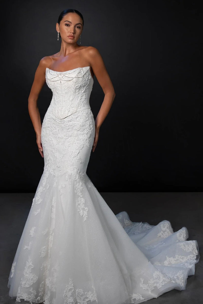 knee length dresses for ladies Sparkly Lace Two-Piece Fit-And-Flare Wedding Dress With Buttons