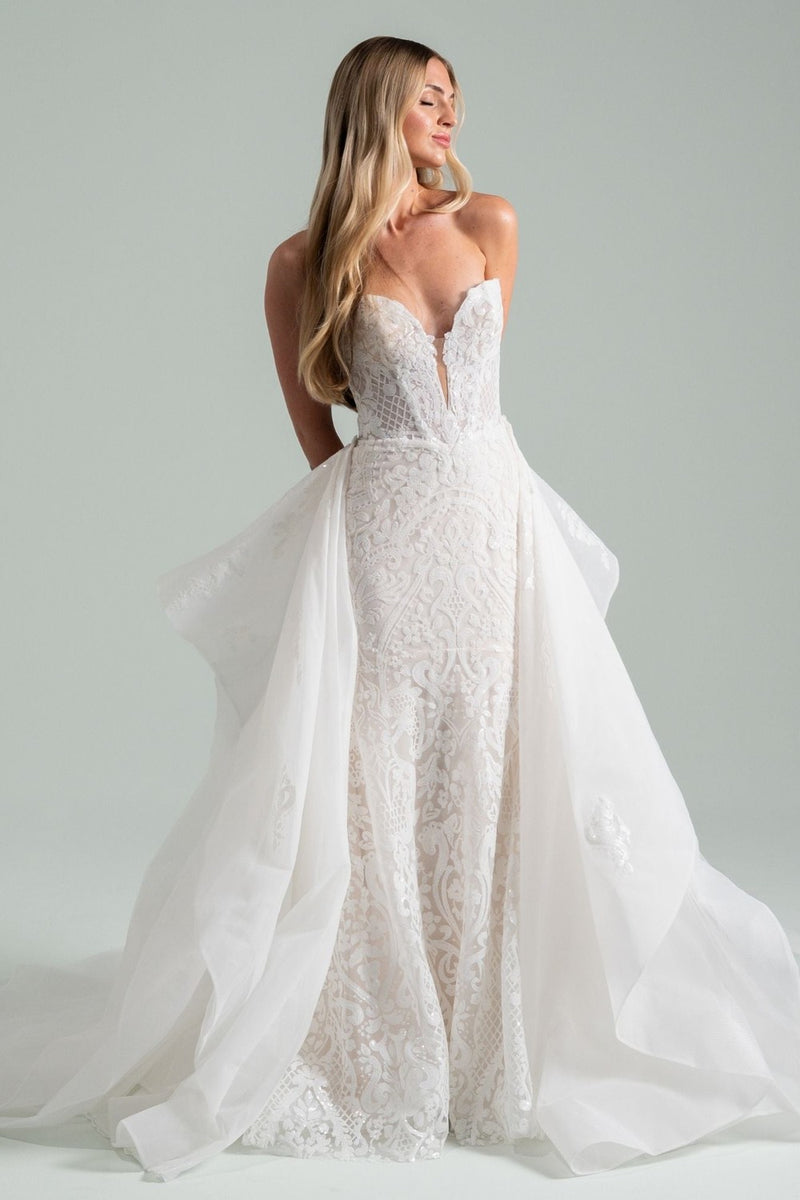 Modern Beaded Fit-And-Flare Wedding Dress With Detachable Overskirt | Kleinfeld Bridal Modern Beaded Fit-And-Flare Wedding Dress With Detachable Overskirt | Kleinfeld Bridal