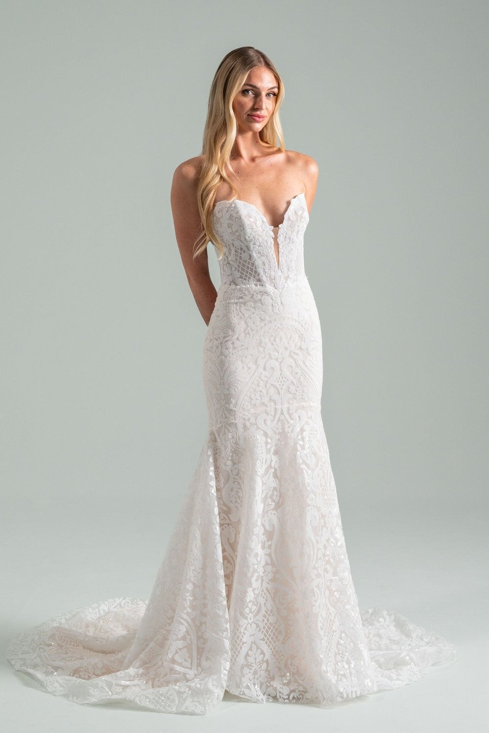 mermaid wedding dress with detachable overskirt Modern Beaded Fit-And-Flare Wedding Dress With Detachable Overskirt