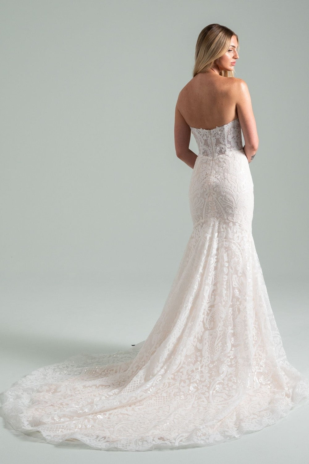 plum beaded dress Modern Beaded Fit-And-Flare Wedding Dress With Detachable Overskirt