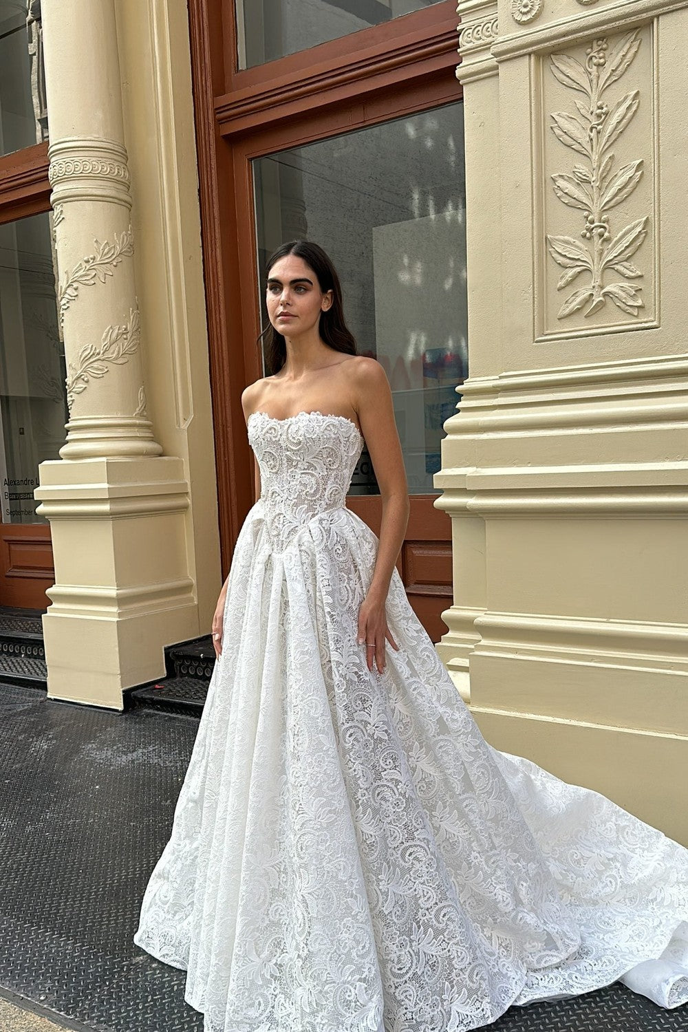 Chic And Feminine Pearl-Adorned Lace Basque-Waist Ball Gown by Netta BenShabu Elite Couture — image 1 of 2