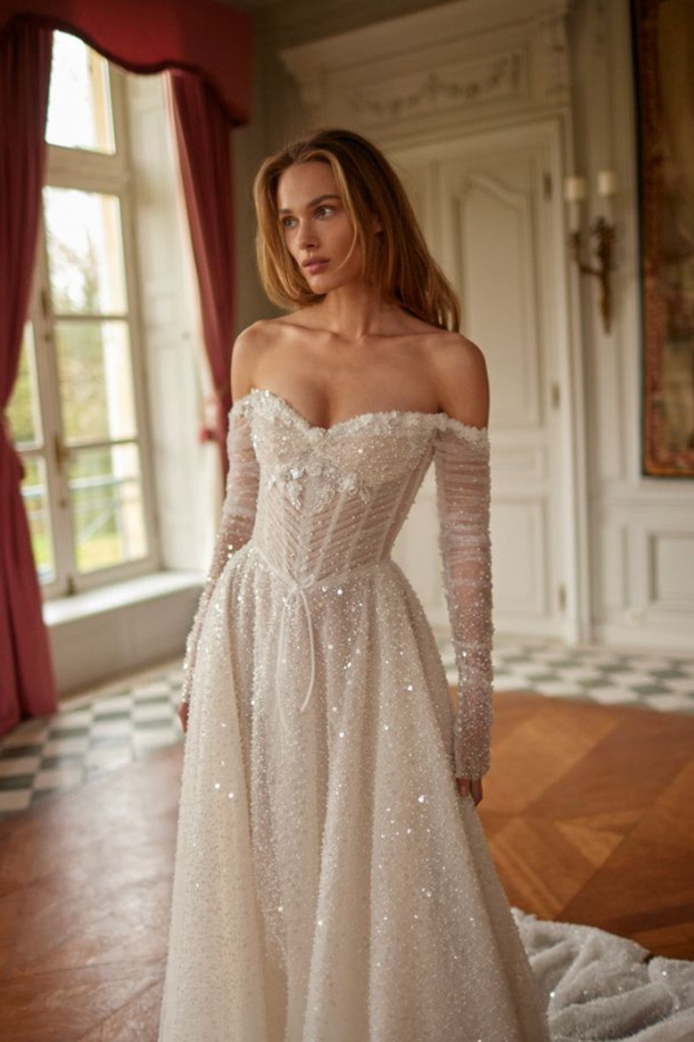 Embellished Basque-Waist A-Line With Off-the-Shoulder Long Sleeves by Netta BenShabu Elite Couture — image 1 of 2