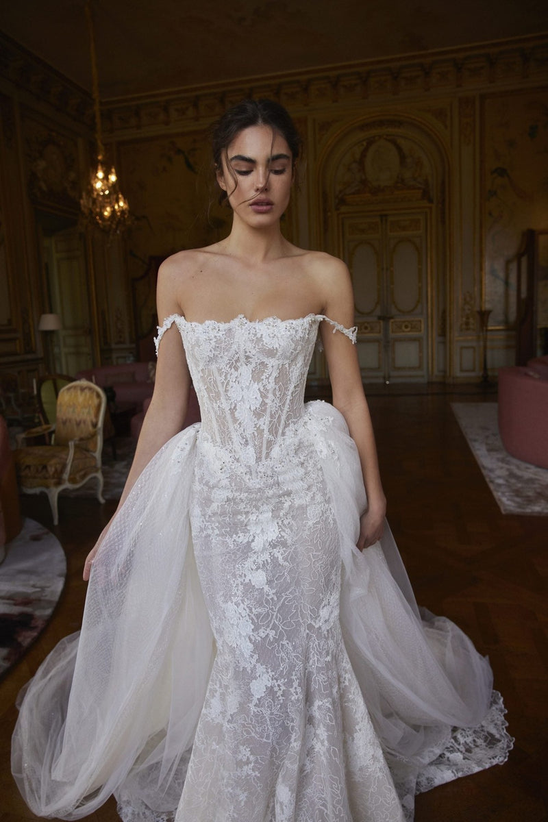 Embellished Lace Fit-And-Flare Wedding Dress With Detachable Overskirt | Kleinfeld Bridal Embellished Lace Fit-And-Flare Wedding Dress With Detachable Overskirt | Kleinfeld Bridal
