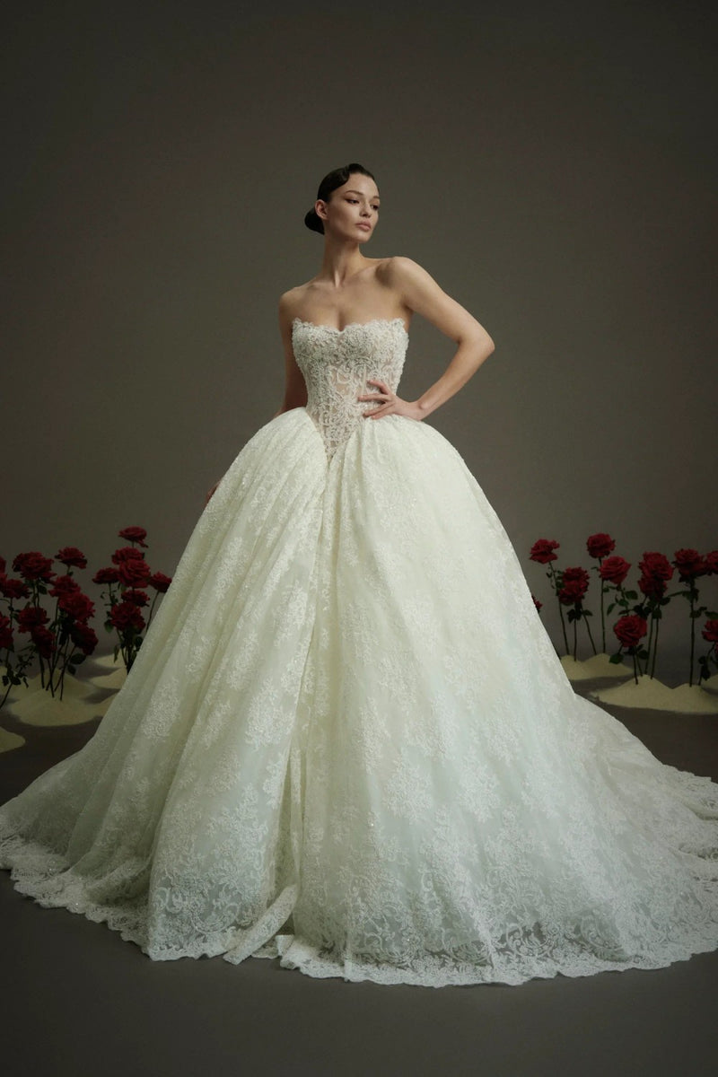 Embellished-Lace Basque-Waist Ball Gown