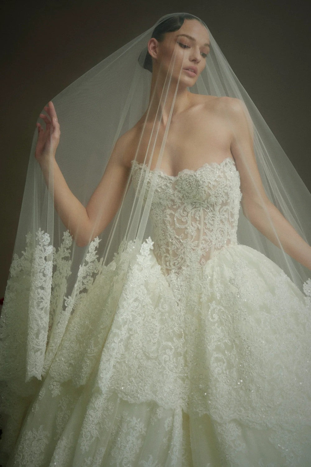 Couture Embellished Lace Basque-Waist Ball Gown by Nicole + Felicia — image 2 of 3