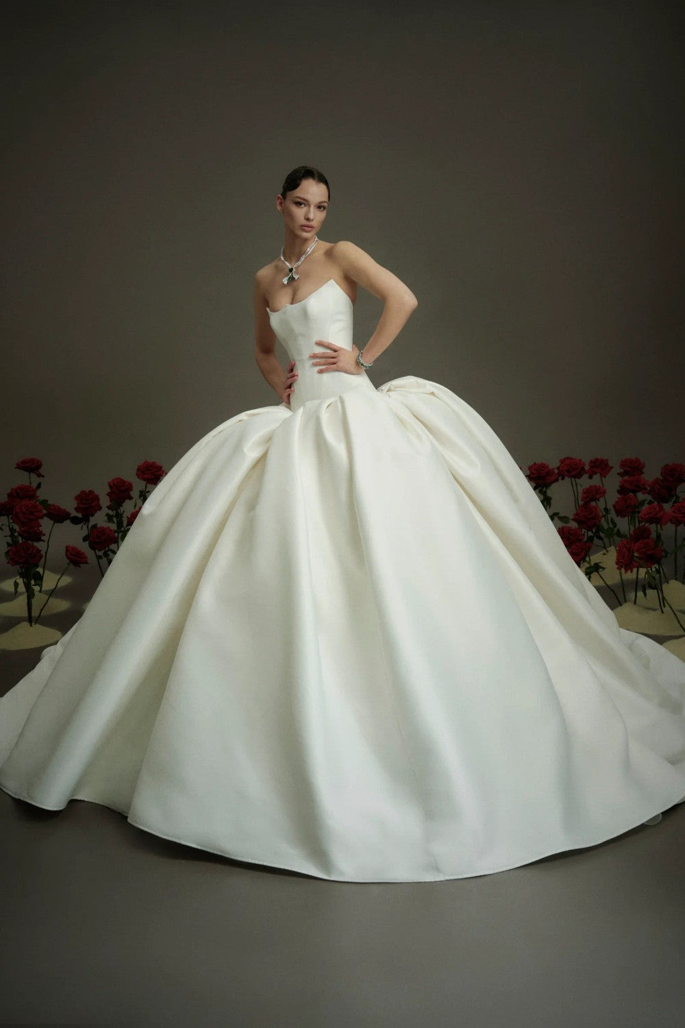 Dramatic And Elegant Drop-Waist Silk Ball Gown by Nicole + Felicia — image 1 of 3