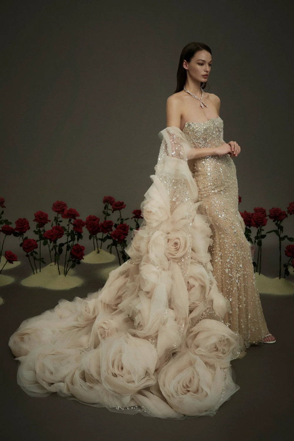 Embellished Sheath Wedding Dress With Detachable 3D Floral Cape by Nicole + Felicia — image 3 of 3