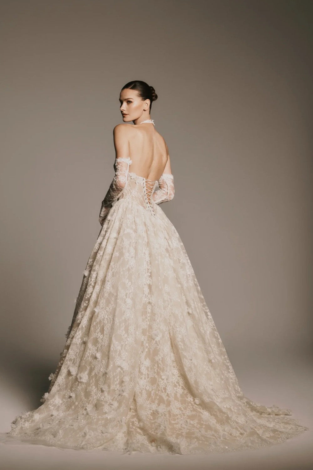 Halter Neck Basque-Waist Lace Ball Gown | Kleinfeld Bridal Halter Neck Basque-Waist Lace Ball Gown | Kleinfeld Bridal