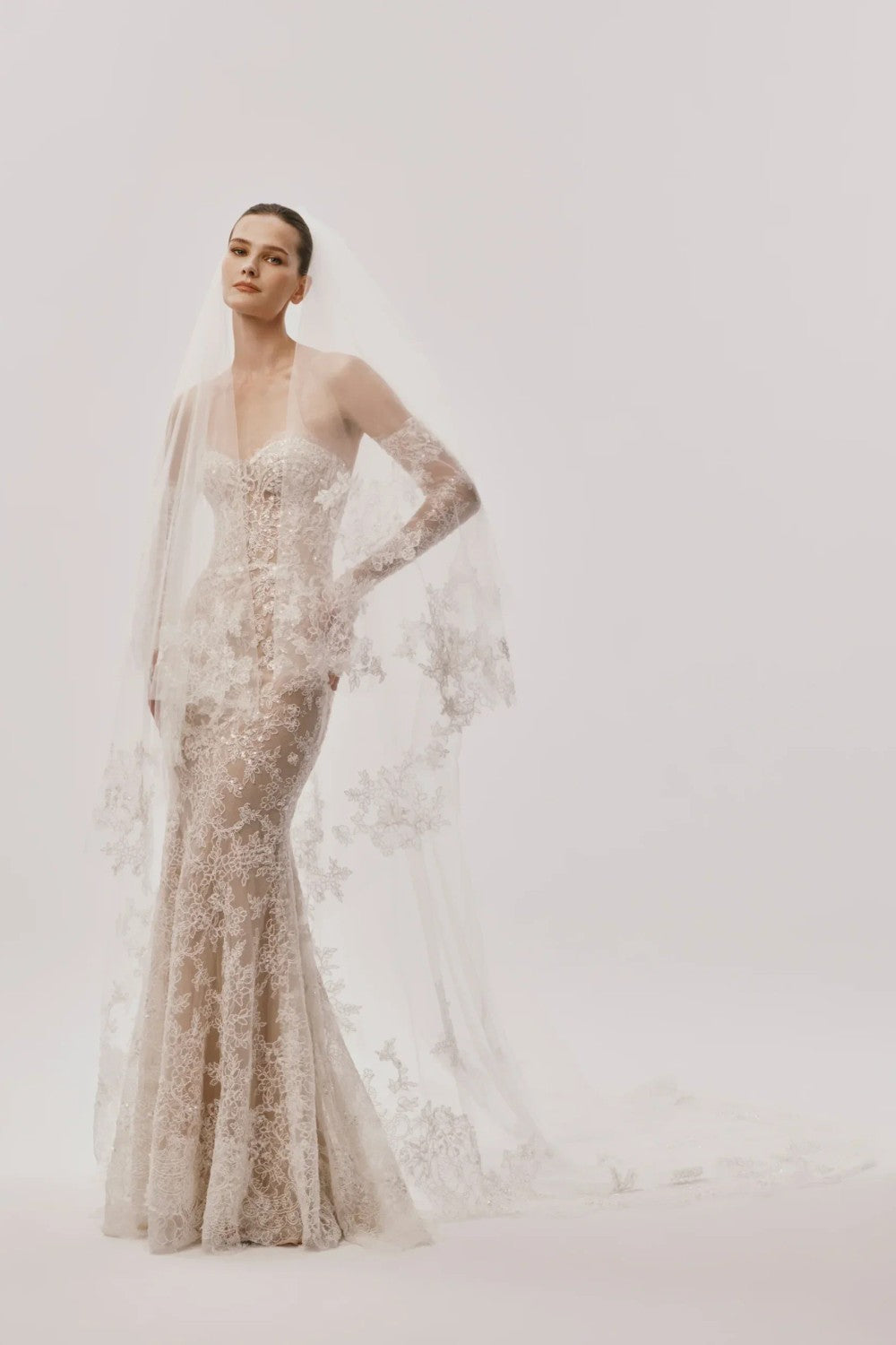Lace Fit-And-Flare Wedding Dress With Detachable Sleeves And Overskirt by Nicole + Felicia — image 2 of 2