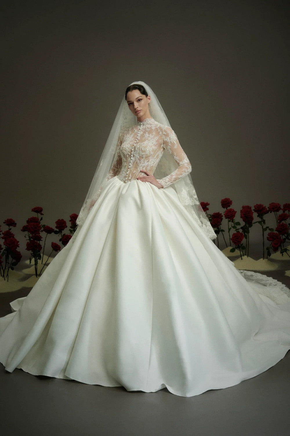 Timeless And Regal High-Neck Long Sleeve Ball Gown With Buttons by Nicole + Felicia — image 2 of 3