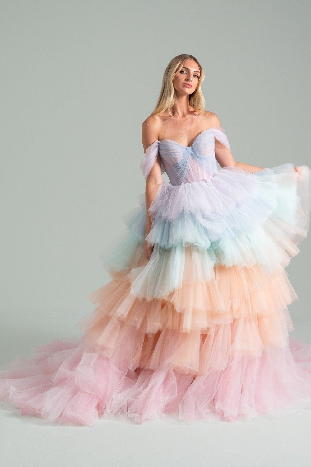 Off-The-Shoulder Multi-Colored Rainbow Tulle Ball Gown