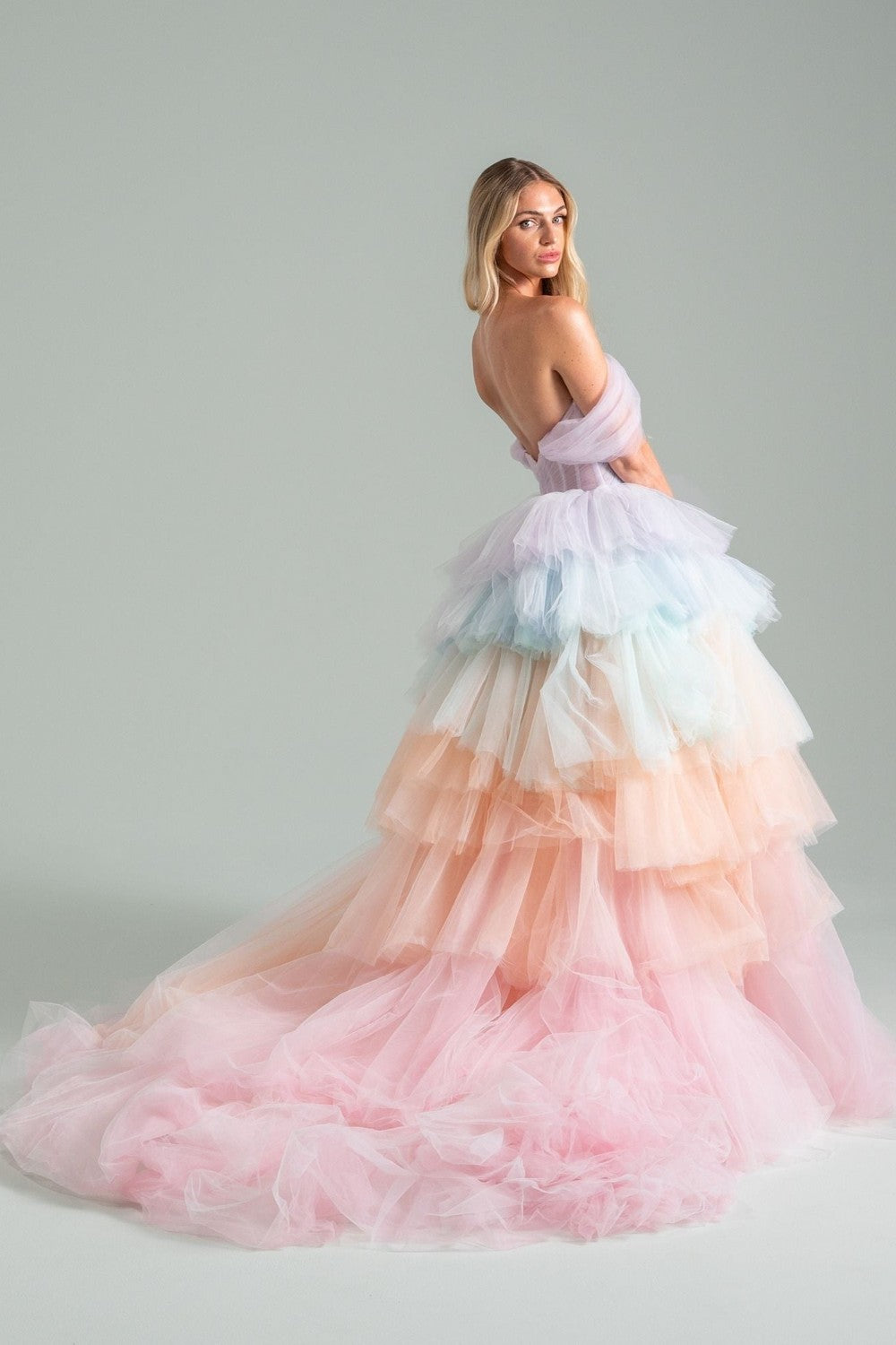 Off-The-Shoulder Multi-Colored Rainbow Tulle Ball Gown by Hayley Paige — image 2 of 2