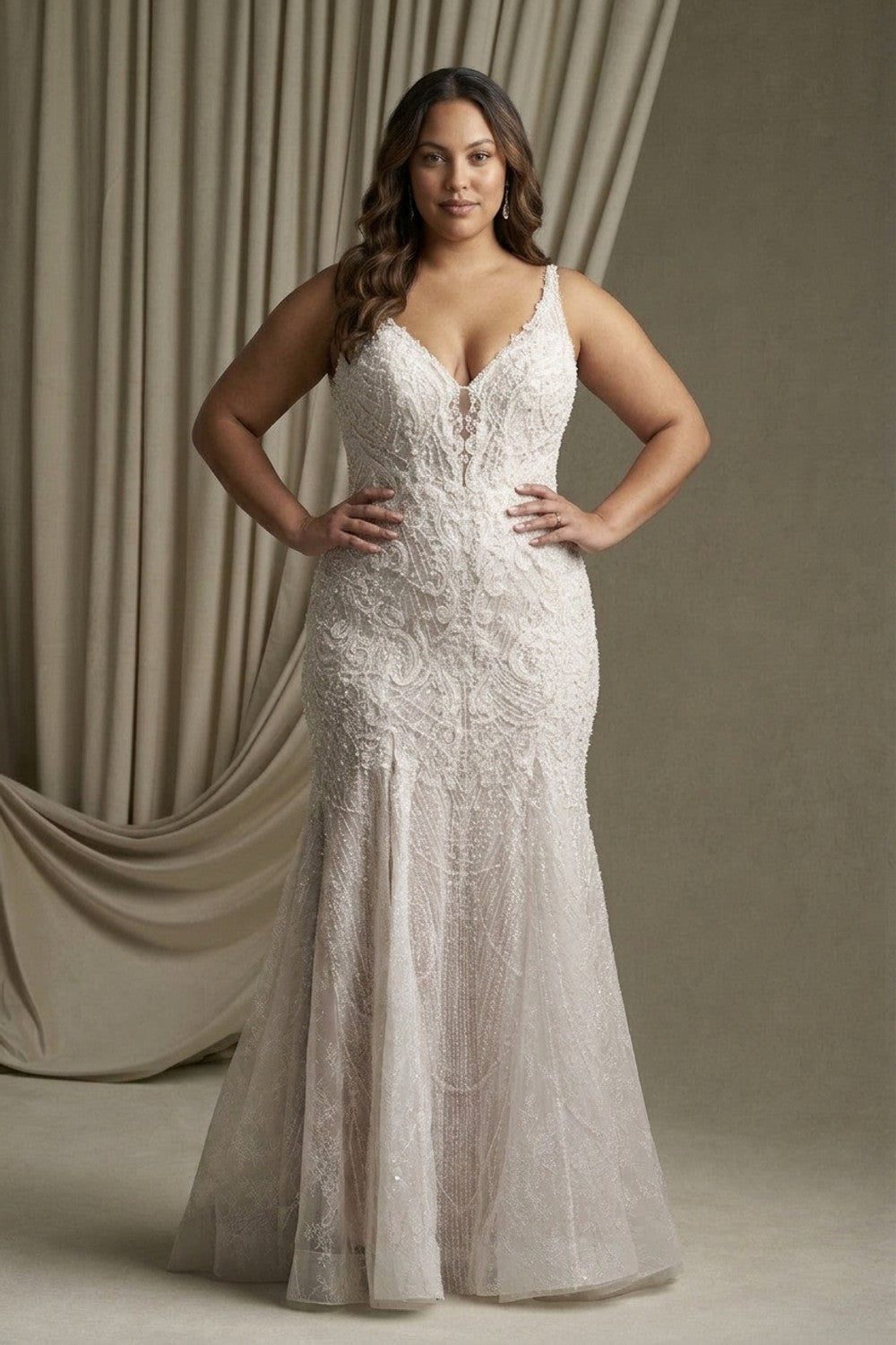 Plus-Size Lace Sheath Wedding Dress With Pearl Details — plus-size render