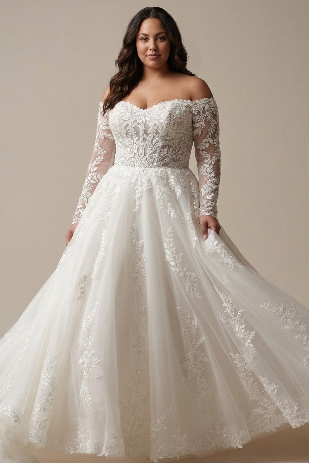 Plus-Size Embellished A-Line Wedding Dress With Off-the-Shoulder Long Sleeves — plus-size render
