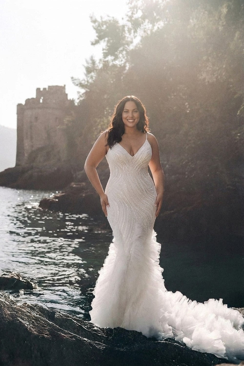 Plus-Size Shimmering Fit-And-Flare Wedding Dress With Ruffled Tulle Skirt — plus-size render