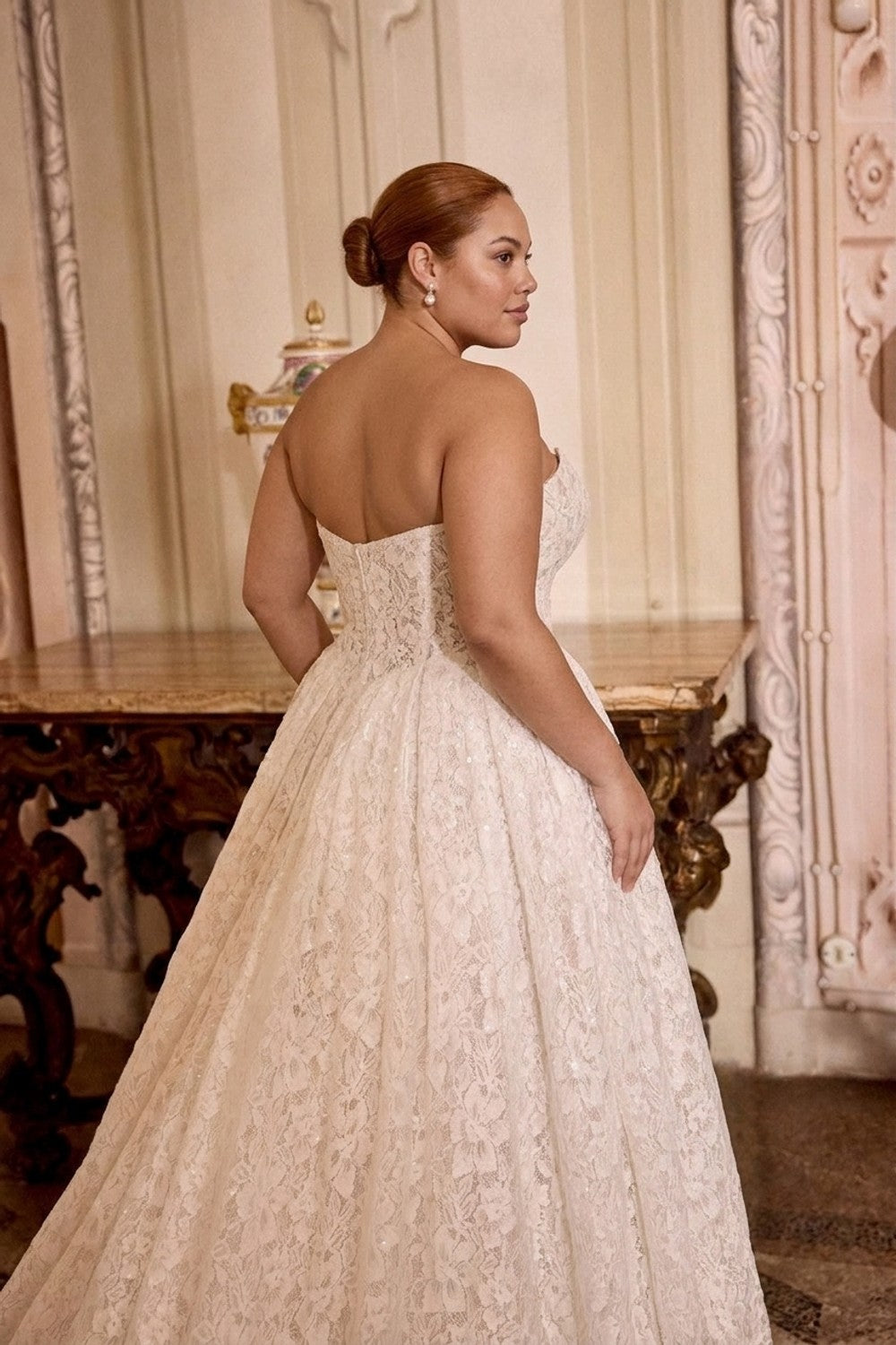Plus-Size Strapless Basque-Waist Lace Ball Gown With Buttons — plus-size render