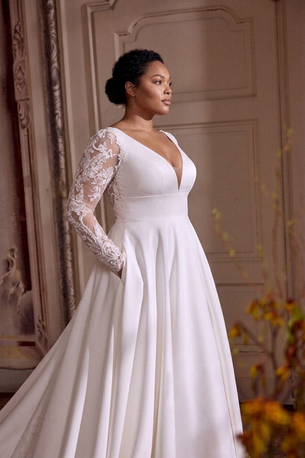 Plus-Size Classic Satin A-Line Wedding Dress With Illusion Sleeves | Kleinfeld Bridal Plus-Size Classic Satin A-Line Wedding Dress With Illusion Sleeves | Kleinfeld Bridal