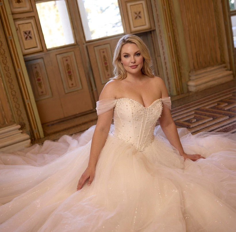 Plus-Size Off-The-Shoulder Pearl-Adorned Tulle Ball Gown — plus-size render