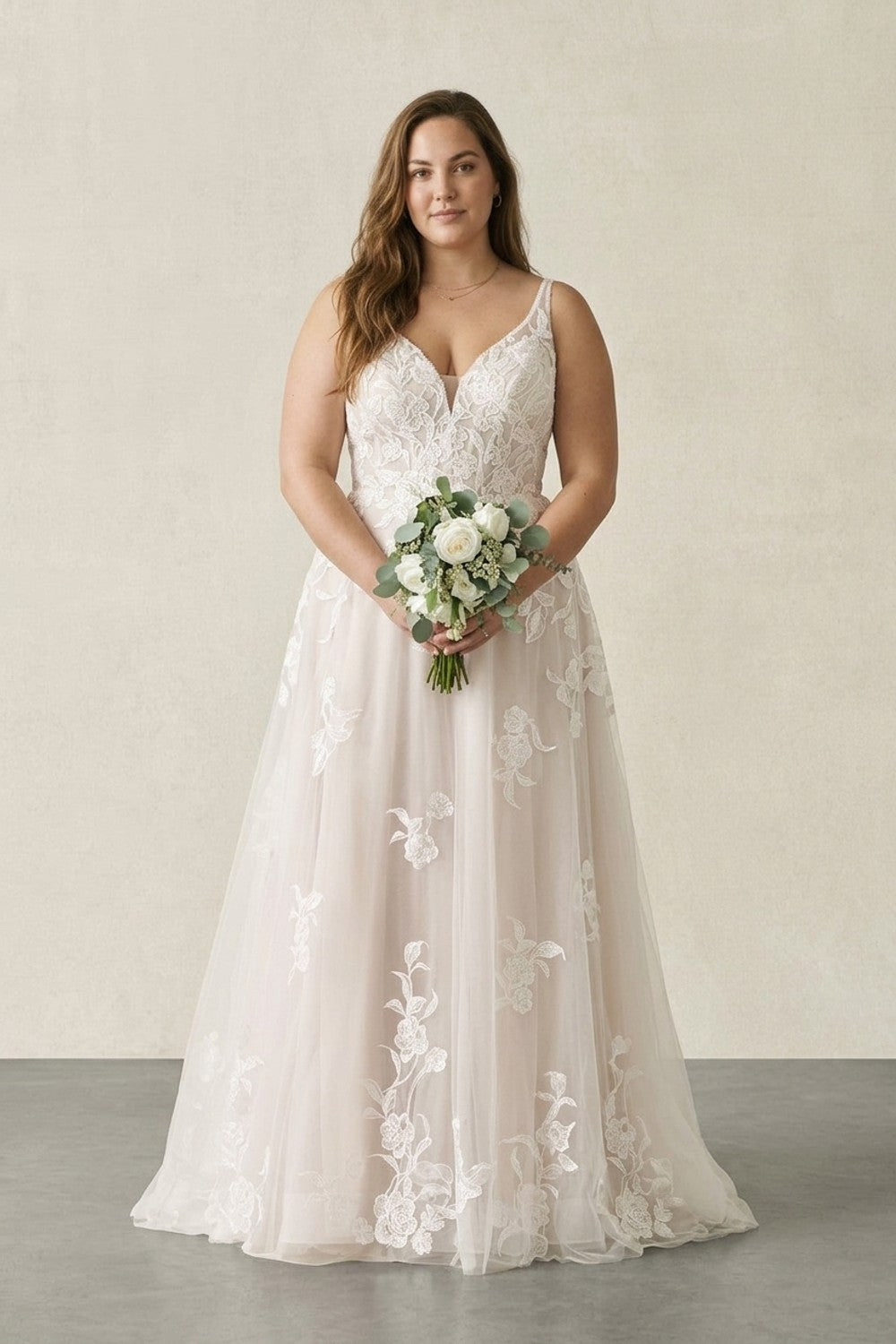 Plus-Size Floral Lace A‑Line Wedding Dress With Beaded Bodice — plus-size render
