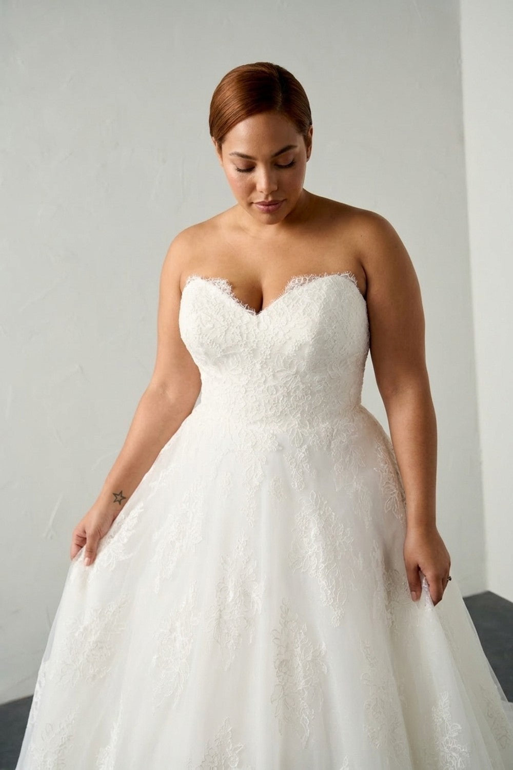 Plus-Size Strapless Lace A-Line Wedding Dress with Scalloped Lace Neckline — plus-size render