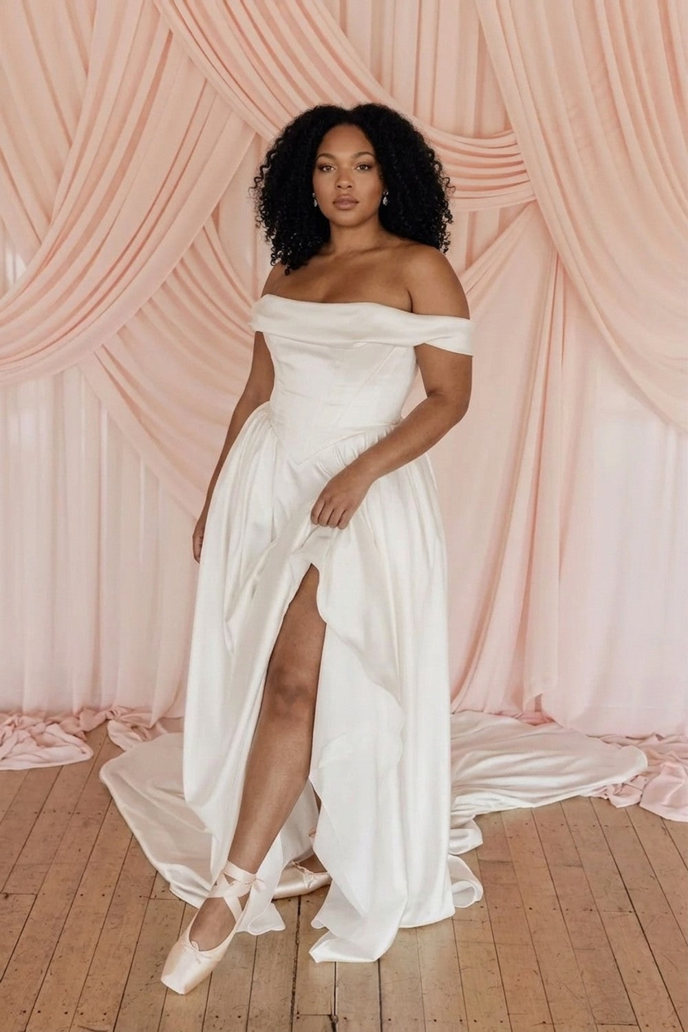 Plus-Size Soft and Effortless A-Line Wedding Dress with Off-the-Shoulder Straps — plus-size render