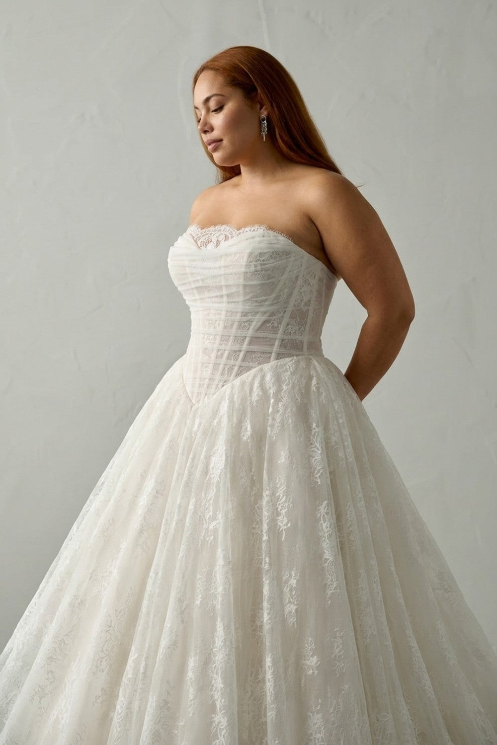 Plus-Size Lace Ball Gown with Peek-A-Boo Neckline — plus-size render