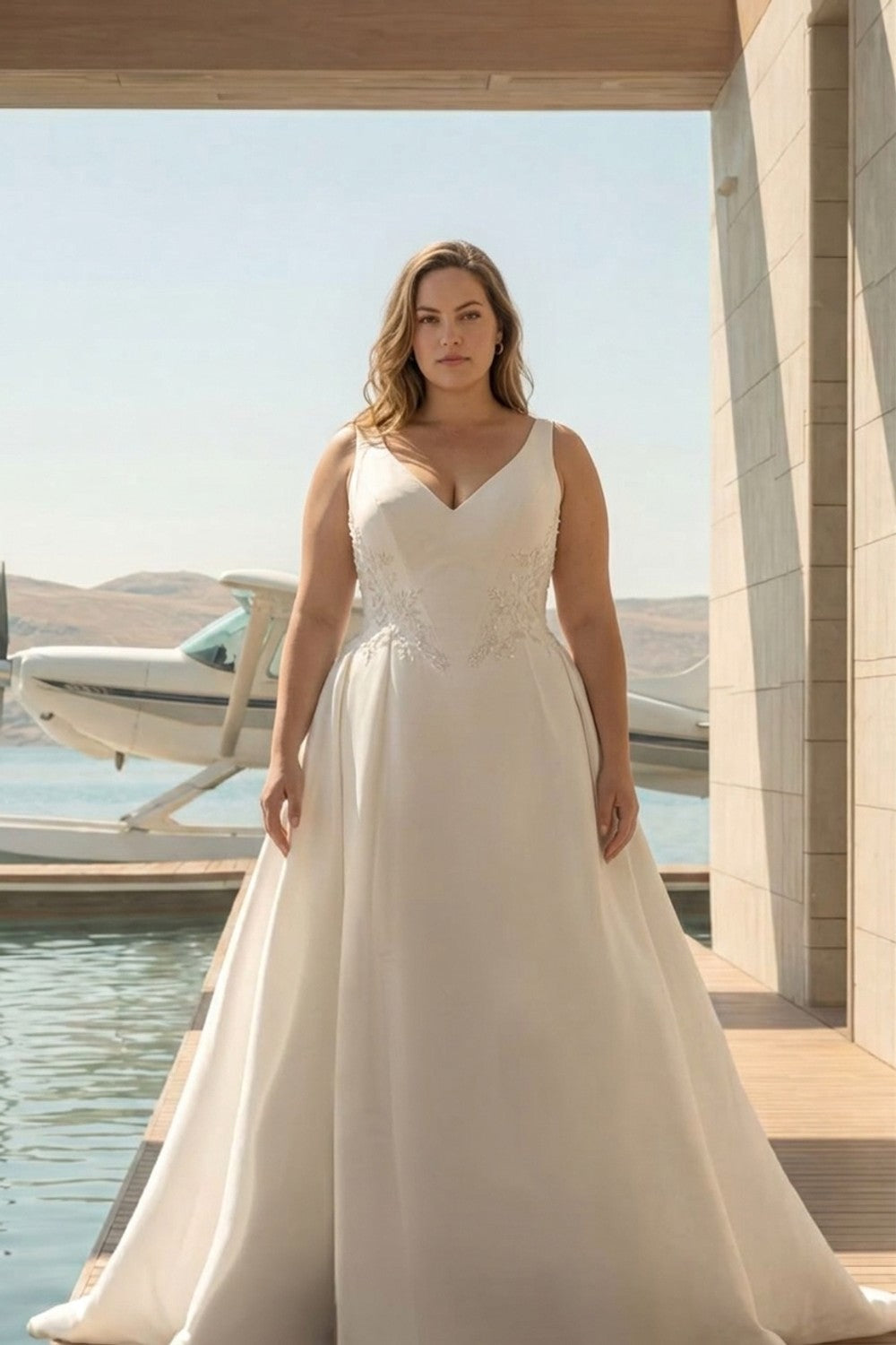 Plus-Size Simple V-Neck Ball Gown with Bodice Details — plus-size render