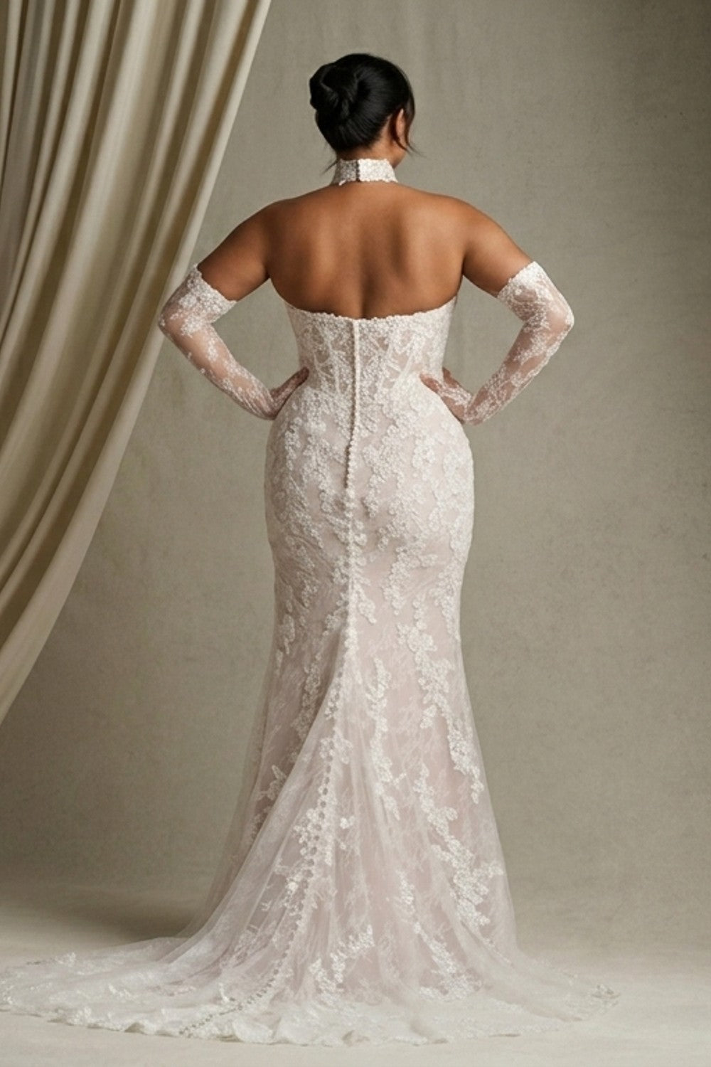 Plus-Size Sleek Lace Sheath Gown With Cat-Eye Neckline — plus-size render
