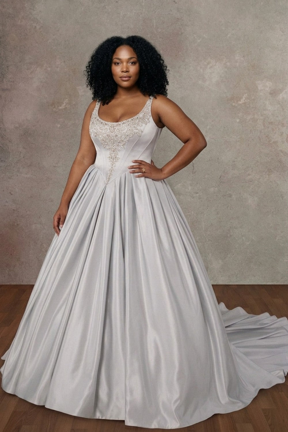 Plus-Size Dramatic And Regal Embellished Satin Ball Gown With Buttons — plus-size render