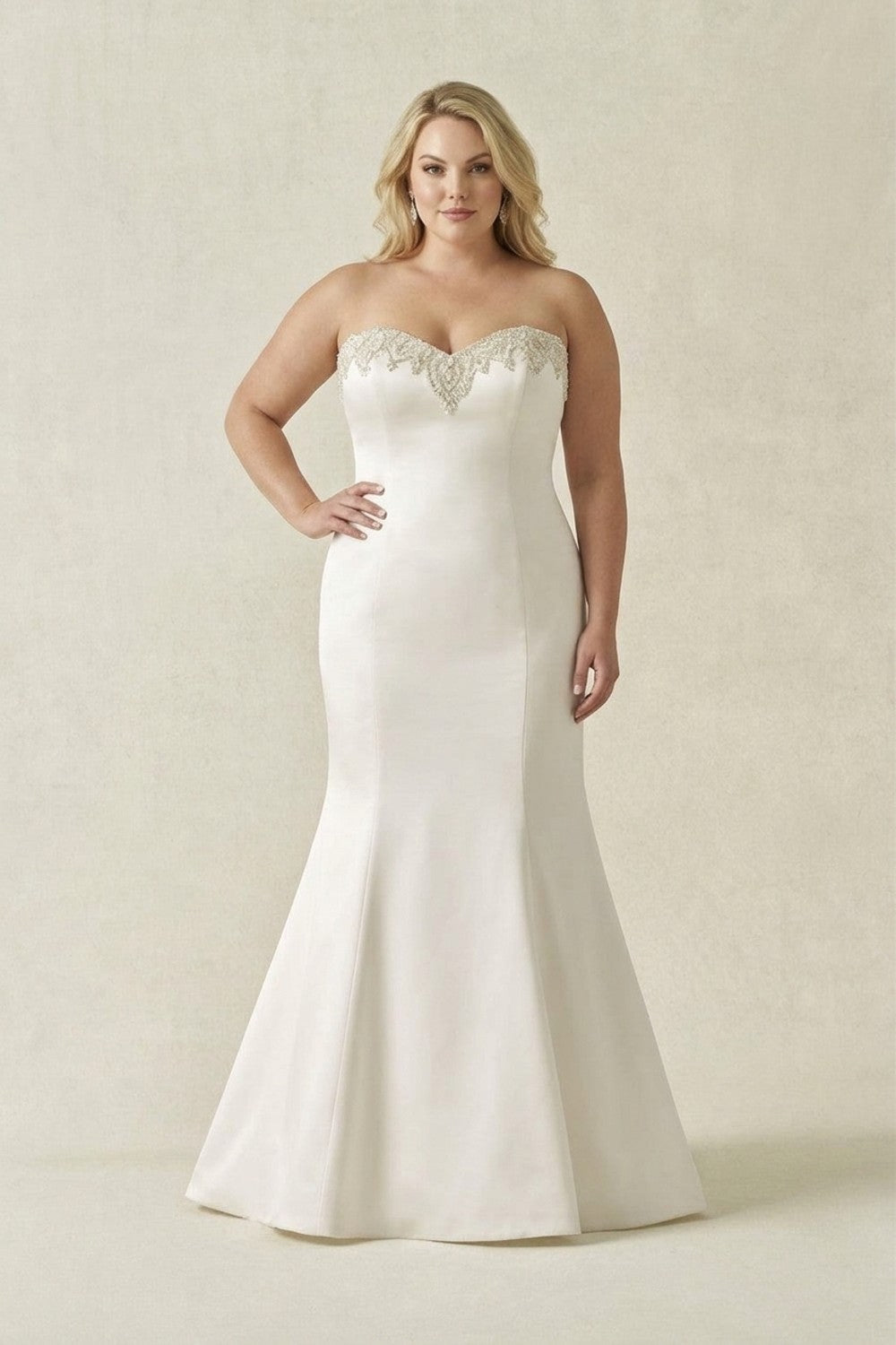Plus-Size Sleek Embellished Satin Fit-And-Flare Wedding Dress With Buttons — plus-size render