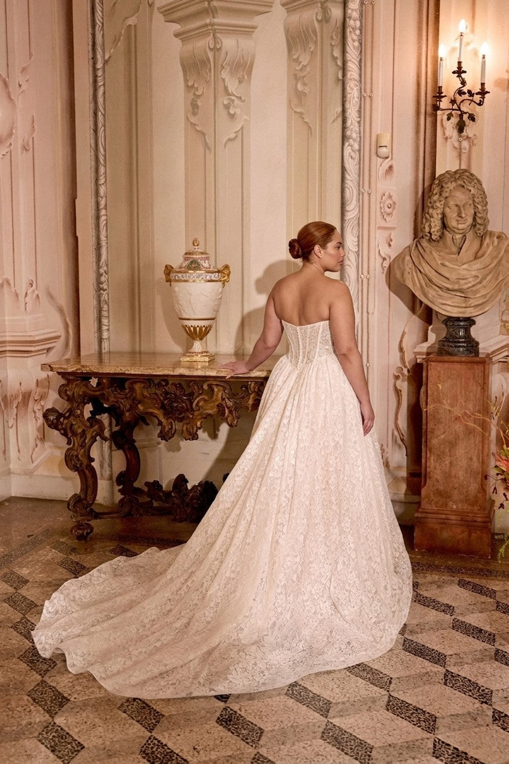 Plus-Size Strapless Basque-Waist Lace Ball Gown With Buttons | Kleinfeld Bridal Plus-Size Strapless Basque-Waist Lace Ball Gown With Buttons | Kleinfeld Bridal