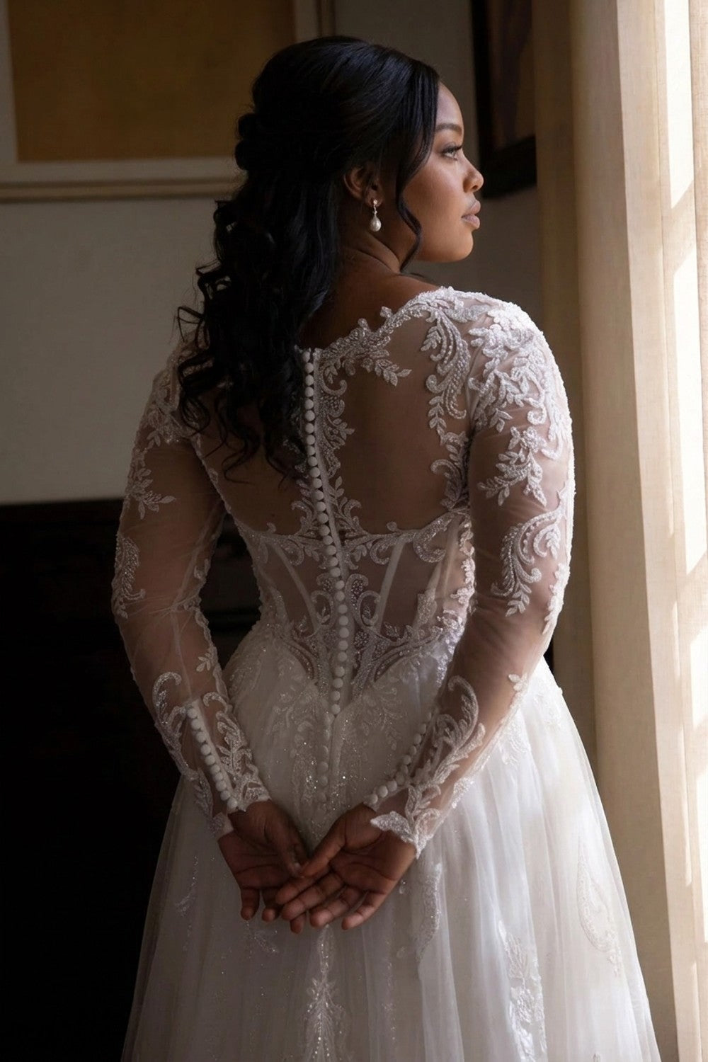 Plus-Size Romantic and Detailed Long Sleeve A-Line Wedding Dress — plus-size render