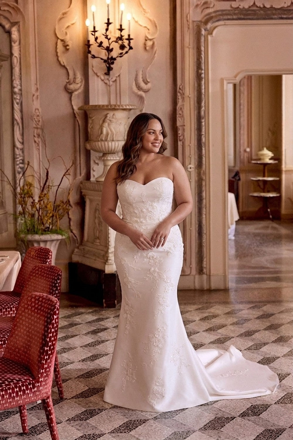 Plus-Size Strapless 3D Floral Silk Fit-And-Flare Wedding Dress With Detachable Overskirt | Kleinfeld Bridal Plus-Size Strapless 3D Floral Silk Fit-And-Flare Wedding Dress With Detachable Overskirt | Kleinfeld Bridal