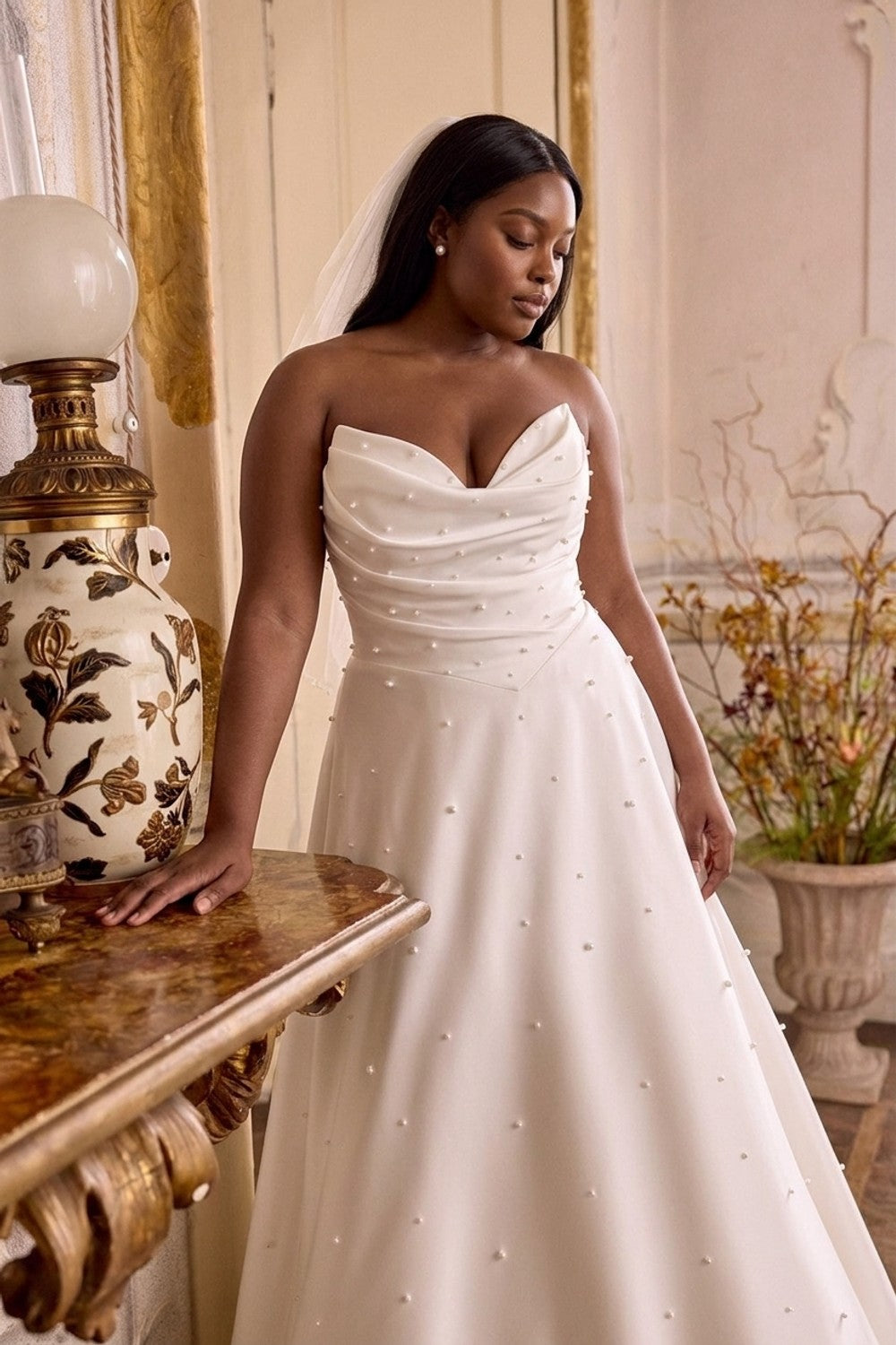 Plus-Size Strapless Pearl-Adorned A-Line Wedding Dress With Buttons — plus-size render