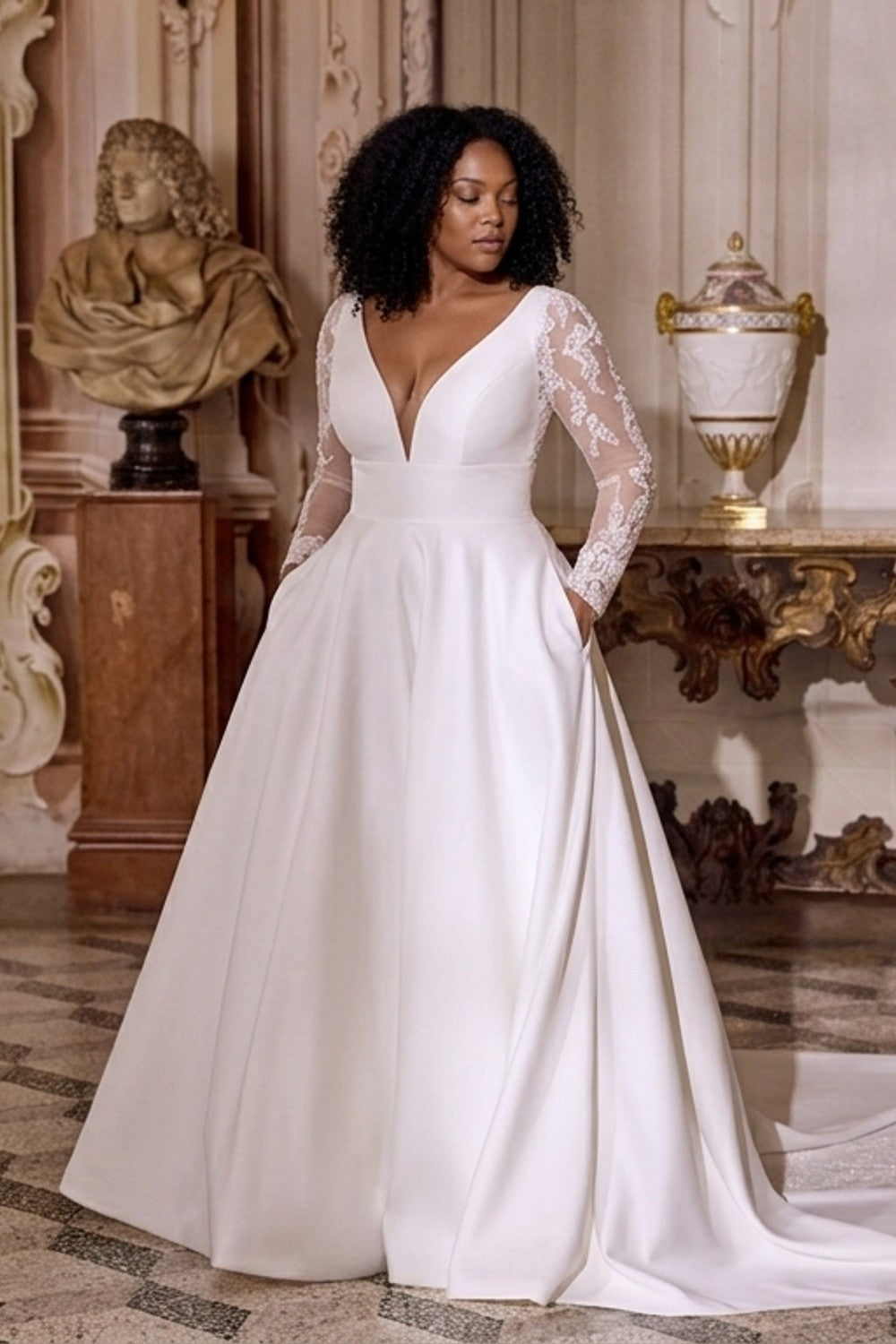 Plus-Size Classic Satin A-Line Wedding Dress With Illusion Sleeves | Kleinfeld Bridal Plus-Size Classic Satin A-Line Wedding Dress With Illusion Sleeves | Kleinfeld Bridal