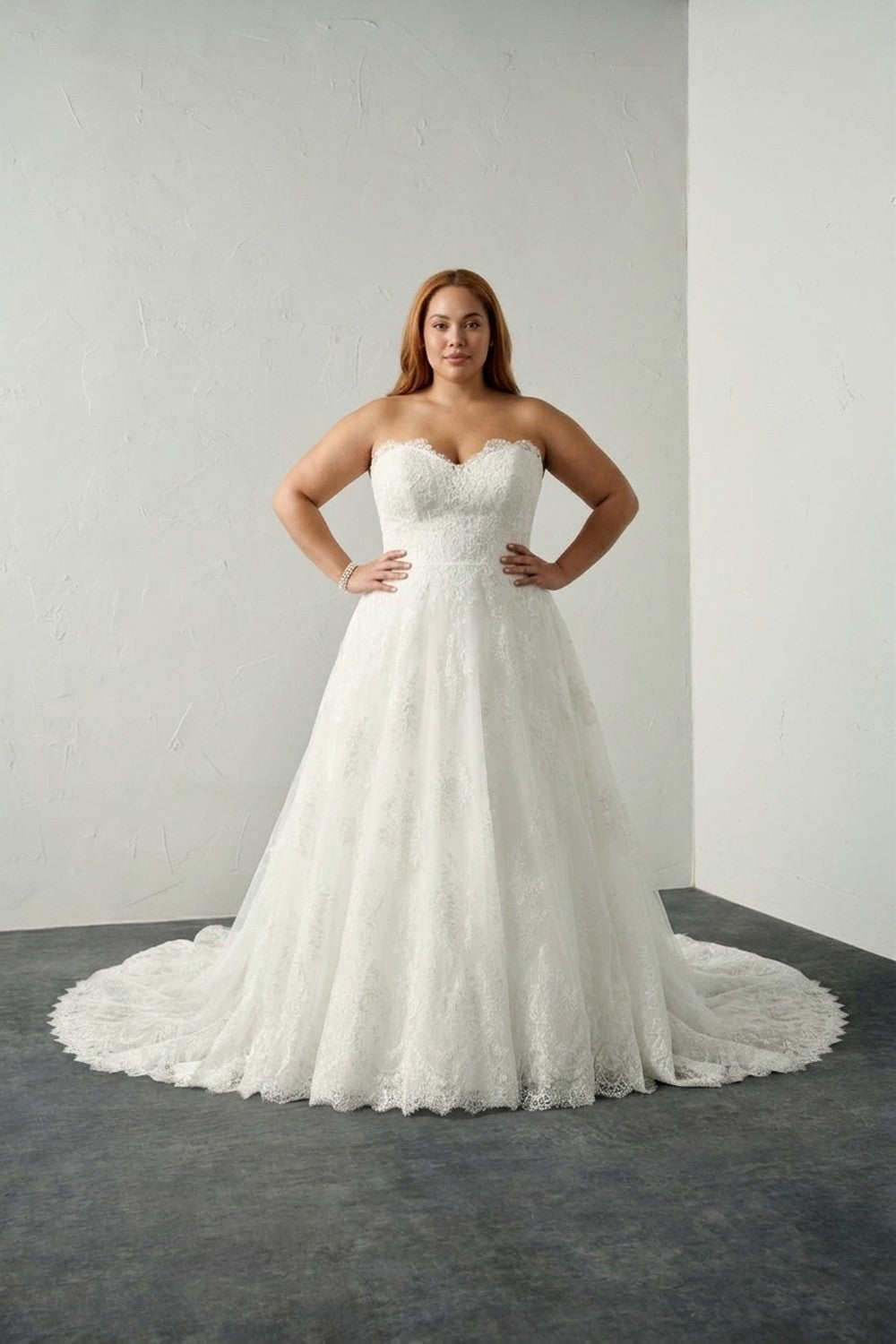 Plus-Size Strapless Lace A-Line Wedding Dress with Scalloped Lace Neckline — plus-size render