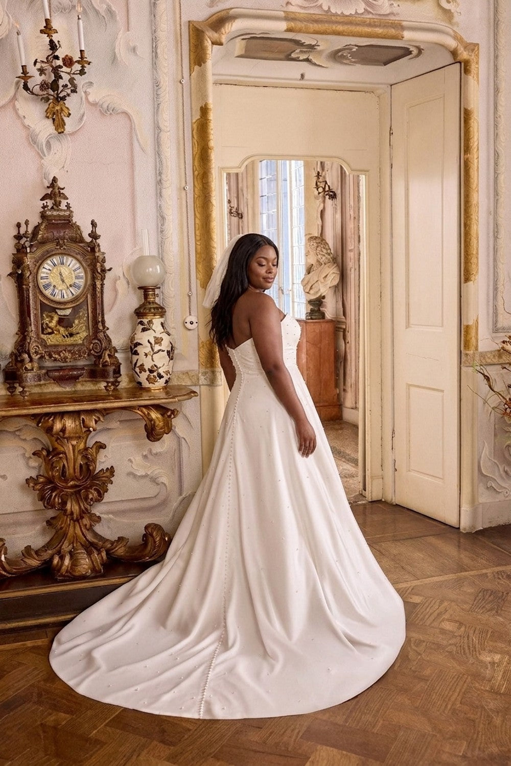 Plus-Size Strapless Pearl-Adorned A-Line Wedding Dress With Buttons — plus-size render