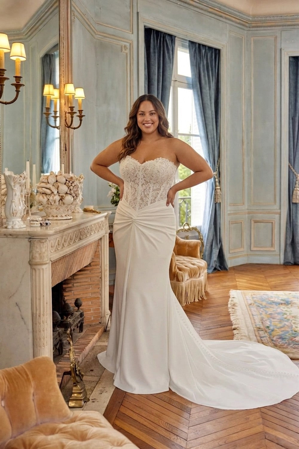 Plus-Size Strapless Fit-and-Flare Wedding Dress with Ruched Skirt — plus-size render