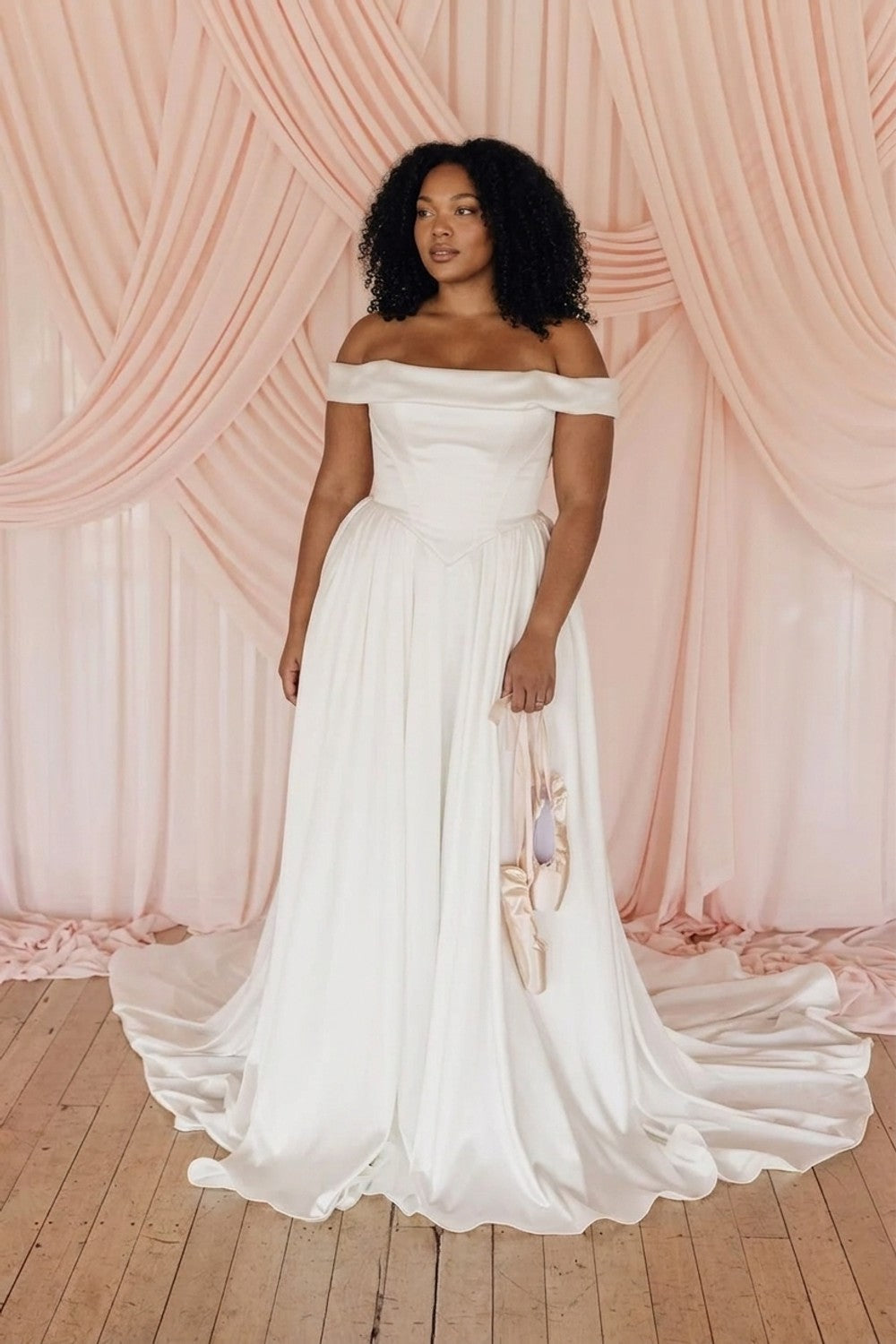 Plus-Size Soft and Effortless A-Line Wedding Dress with Off-the-Shoulder Straps — plus-size render